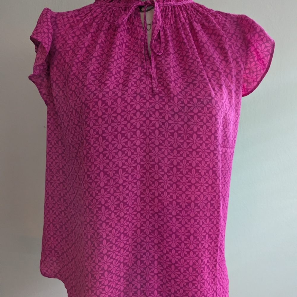 LOFT Pink Ruffled Blouse with Mandarin Collar
